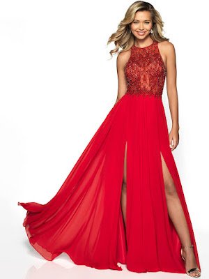 High Neck Chiffon Flair double silt Prom Red color dress