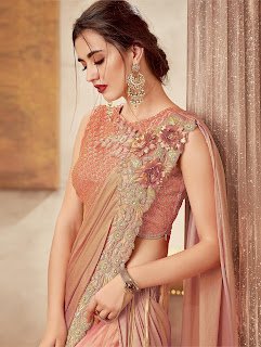 Peach Silk Designer Embroidered Lehenga Saree with 3D Flowers front Design