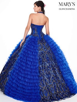 High Neckline Halter Royal/Gold Color Ball Gown Mery's Quinceanera Dress back side