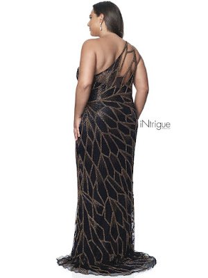 Single Shoulder fitted Blush Plus Size Prom black bronze dress back side