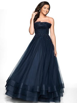 Strapless A line Tulle Flair Prom Navy Dress