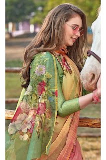 Organza Tissue Printed Saree In Green And Pink Colour design