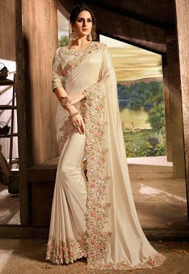 Indian Party wear Embroidered Border Art Silk Saree in Light Beige
