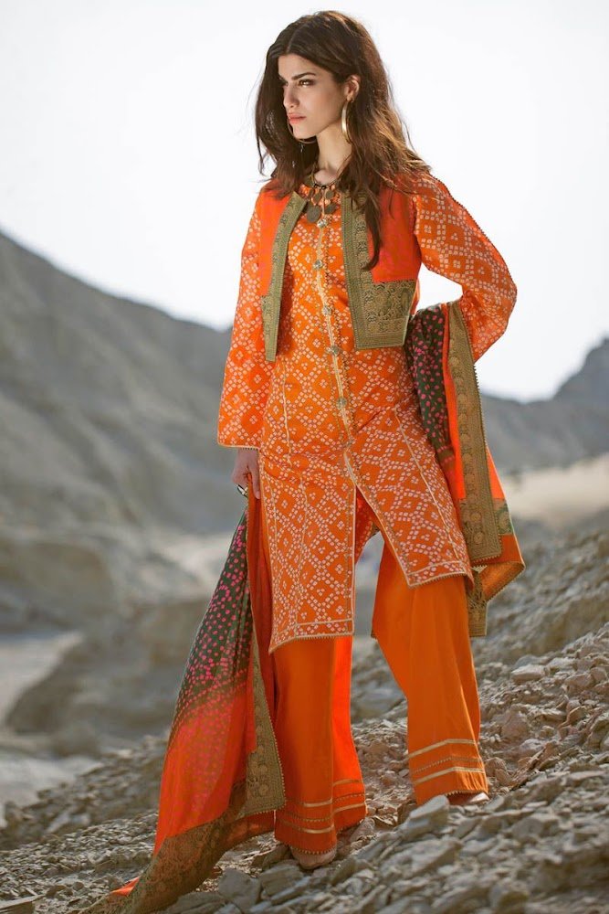 Gul ahmad unstitched lawn orange suit
