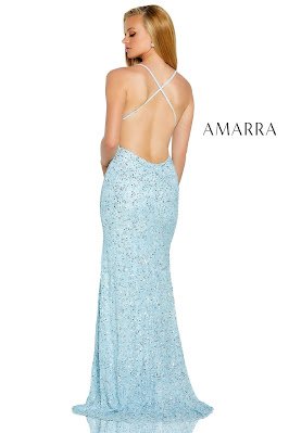 Amarra v-neckline fitted beaded prom sky blue dress back side