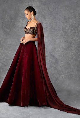 Manish Molhotra Garnet Red Shimmer Velvent lehenga