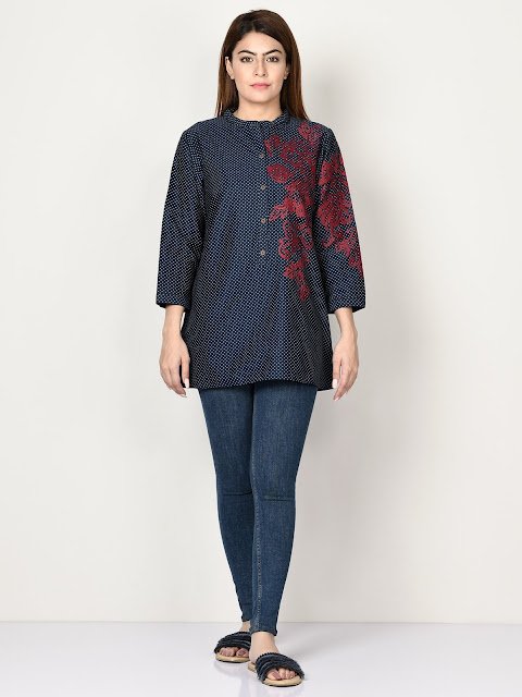 Limelight winter embroidered ready to wear navy blue kurti