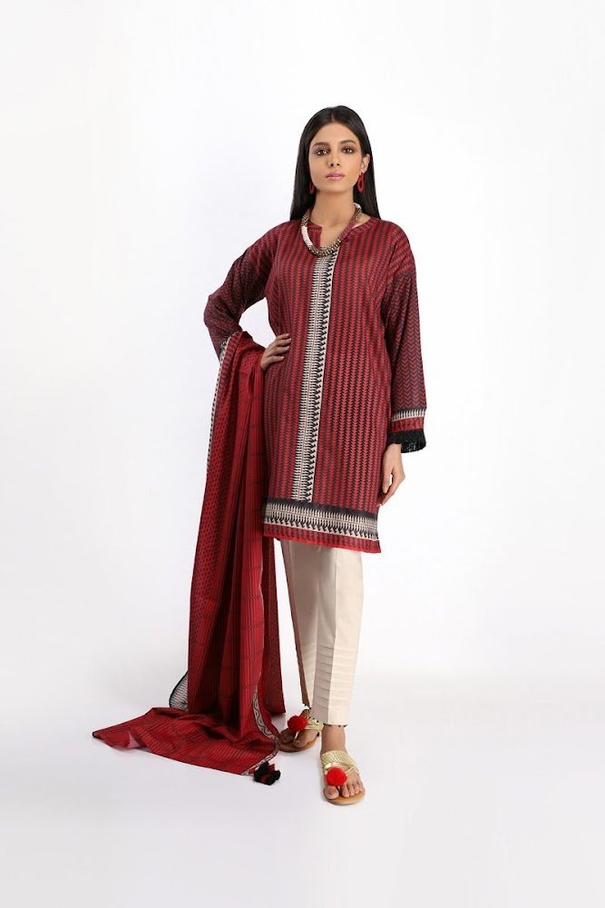 khaadi Red Lawn printed shirt dupatta
