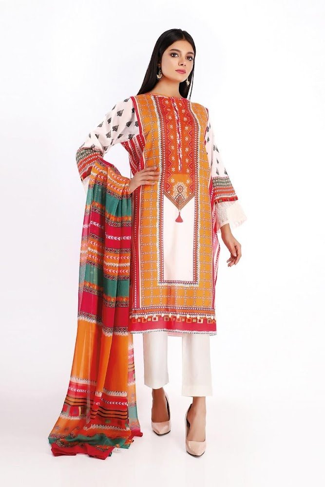 Khaadi Lawn shirt & Shalwar with dupatta Orange Printed color