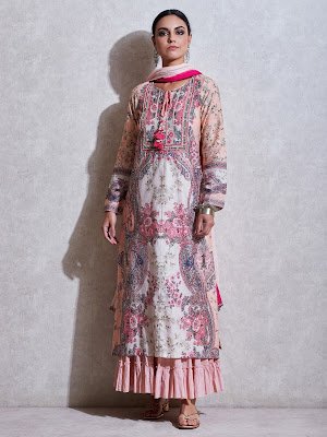 Ritu Kumar Pink Floral print chanderi suit