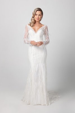 Michelle Roth Long Sleeve V-neckline Beaded feathered Bridal Dress