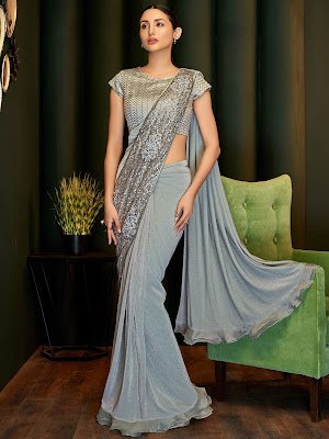 Indian Party Wear Grey Lycra Pre Stitched Fancy Saree with Sequins Work