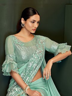 Sea Green Lycra Pre Stitched Tiered Ruffle Saree with Beads party Wear front design