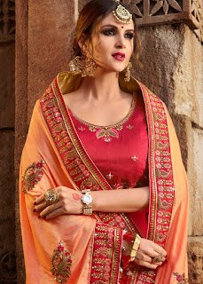 Art silk Peach with heavy blouse indian party wear fancy saree front design