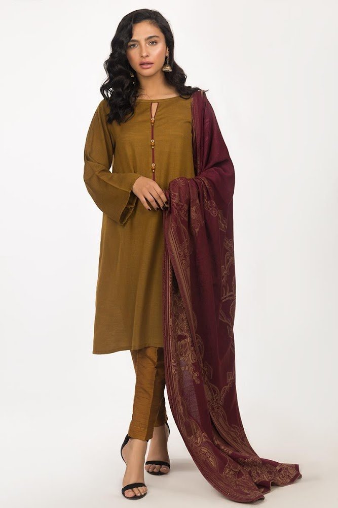 Gul Ahmed 2 piece viscose suit with Maroon shawl Brown color winter pret collection