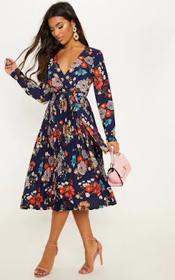 Navy Floral long sleeve midi dress