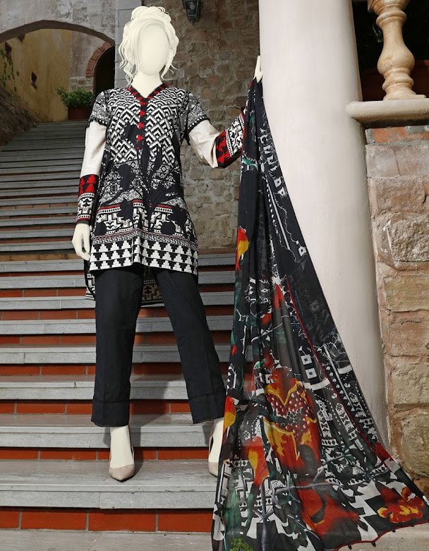 J. Junaid jamshed winter unstitched Black color printed cambric suit with chiffon dupatta cloths collection