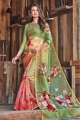 Organza Tissue Printed Saree In Green And Pink Colour