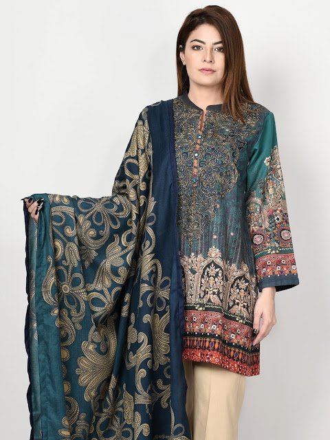 limelight blue color printed khaddar suit winter pret collection
