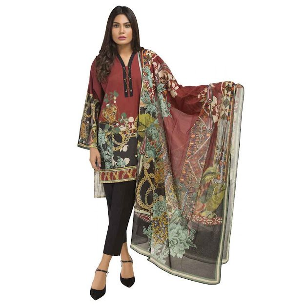 Gul Ahmed Maroon color ready to wear digital collection