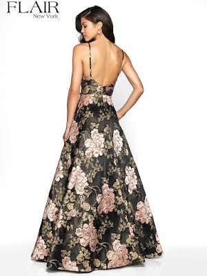 Borcade A-line Flair Prom Dress Black rose color Back side