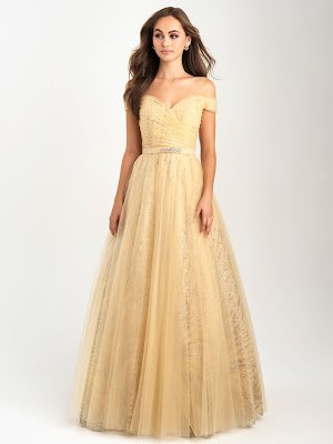 Off the shoulder Madison Jame prom dresses Gold color