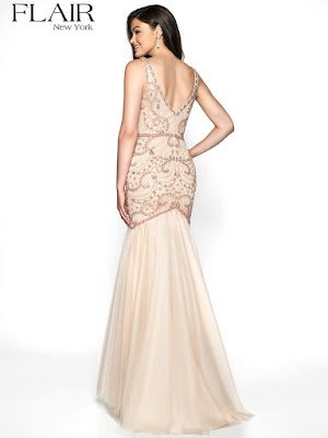 lace mermaid plugging v-neck fitted prom ivory color dress back side