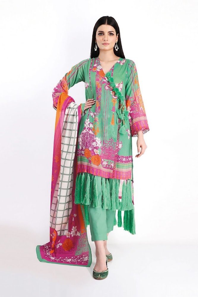 Khaadi lawn shirt & Shalwar with Dupatta Green printed color