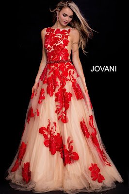 Nude Red Color Embellished Boat Neckline Red Carpet Jovani Design Dress