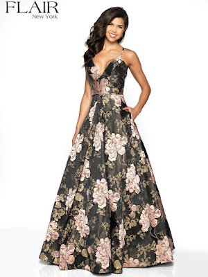 Borcade A-line Flair Prom Dress Black rose color