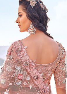 Indian Peach Embroidered Net with blouse party fancy saree back designs