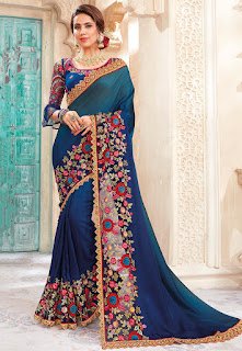 Indian Party Wear Satin Georgette Saree in Shaded Teal Blue and Navy Blue