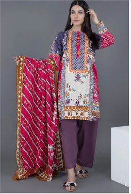 purple and pink khaddar 3 piece suit