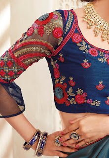 Satin Georgette Saree in Shaded Teal Blue and Navy Blue Front Design