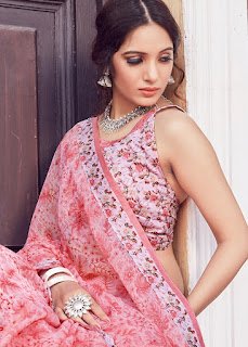 Peach Floral Printed Cotton indian party wear fancy saree front design