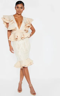 Nude Ruffle Detail Plunge Midi Prom dress