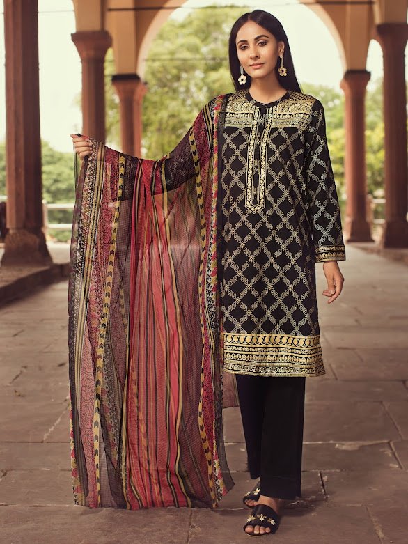 Limelight Lawn suit with Dupatta Black color