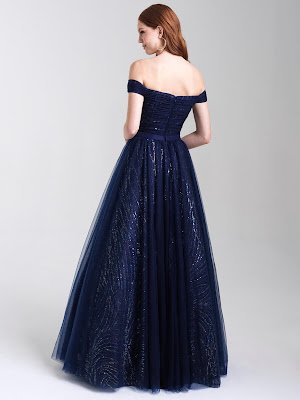Off the shoulder Madison Jame prom dresses Navy Blue color back side