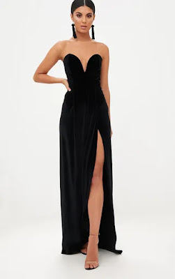 Black Velvet Drapped Wrap bandeau maxi dress