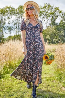 black ditsy floral ruched midi sundress