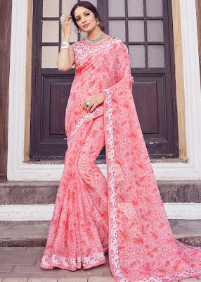 Peach Floral Printed Cotton indian party wear fancy saree