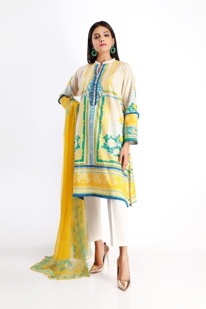 khaadi white & Yellow lawn printed shirt dupatta