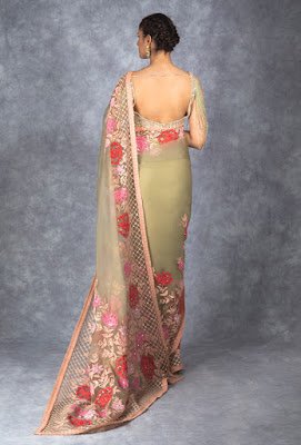Manish Malhotra saree collection Olive Green tulle Saree back side