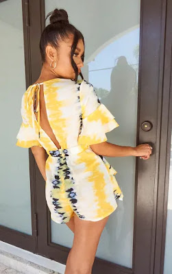 Yellow tie dye frill sleeve tie back playsuit
