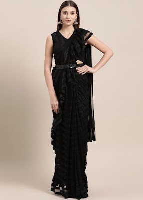 Black Pre-Stitched Ruffled Saree With Blouse Indian party wear