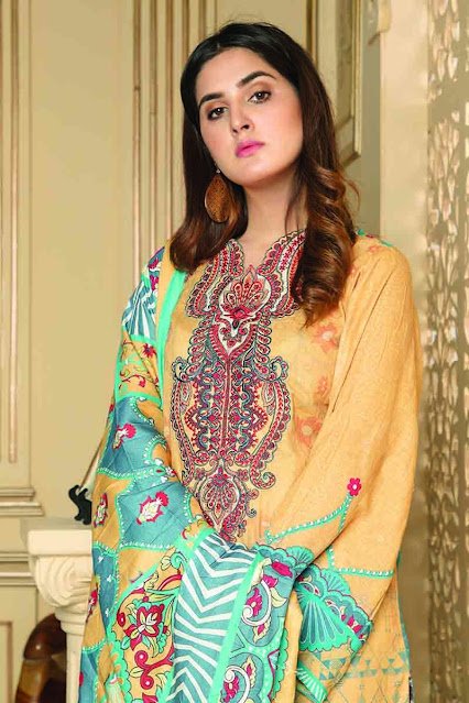 Gul ahmed winter unstitched yellow colour and printed khaddar suit