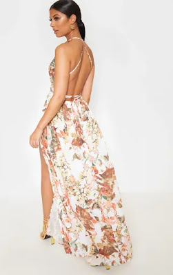 White Floral print chiffon halterneck maxi prom dress back side