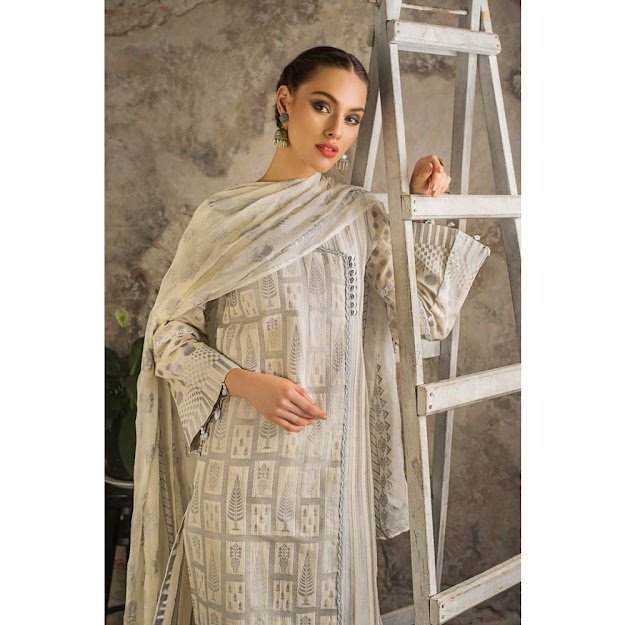 Gul Ahmed Mid summer cream color jacquard suit