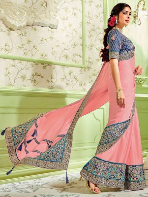 Indian party Light Pink Georgette Silk Designer Saree with Contrast Embroidered Floral Border