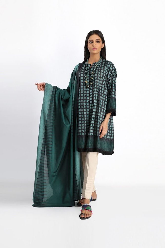 Khaadi green Lawn printed shirt dupatta